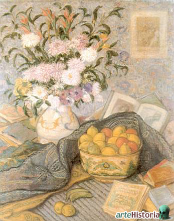 Florero con pltanos, limones y libros