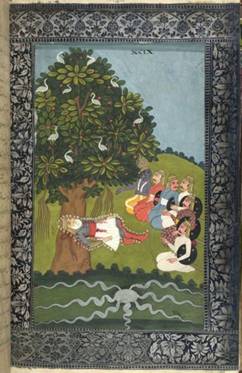 Una de las 134 ilustraciones del Razmnama (Libro de las guerras, 1761-1763), traduccin persa del Mahabharata. El rey Akbar (1556-1605) orden a Naqib Khan que tradujera el texto hind para mejorar las relaciones entre las dos culturas. En esta escena, el abuelo Bhishma todava vivo semanas despus del fin de la batalla de Kurukshetra imparte sus ltimas enseanzas mientras agoniza (sobre el lecho de flechas con que su sobrino nieto rjuna lo acribill), rodeado por los cinco Pndavas (con ropas musulmanas) y Krishna (de piel azul). Abajo se ve un manantial de la madre Ganges, que rjuna invoc para saciar la sed de Bhishma.