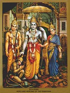 Los protagonistas del Rāmāyana: Lkshman (hermano de Rāma), el rey-dios Rāma, su esposa Sita, y el mono Hanuman a sus pies