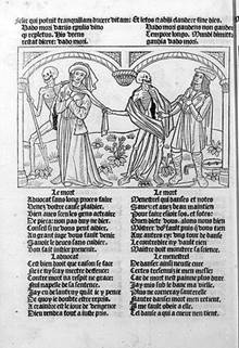 Grabado representando a la muerte llevndose a un trovador (derecha) y a un abogado. La Danse macabre, Pars, Guy Marchant, 1486.