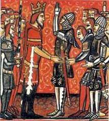 Roldn recibe la espada Durandarte de manos de Carlomagno