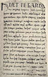 Primera pgina del poema Beowulf.