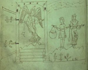 Ilustración de la pág. 46 del manuscrito Junios, en la que un ángel guarda las puertas del Paraíso.