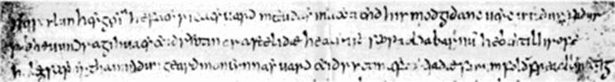 Manuscrito del Himno de Caedmon en el manuscrito "Moore" (737), Biblioteca de la Universidad de Cambridge (Kk. 5. 16, f. 128v, a menudo referido como M).