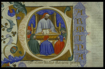 Una imagen de Boecio enseando a sus alumnos (1385). Boecio, filsofo cristiano del siglo VI colabor en mantener viva la tradicin clsica en la Italia post-romana.