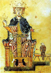 Federico II Hohenstaufen con su Halcn de Cetrera. De su libro De arte venandi cum avibus (Sobre el arte de cazar con aves) (fines del siglo XIII)