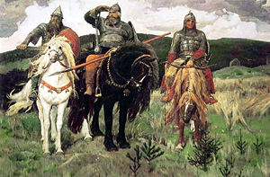 Ilya Muromets, Dobrynya Nikitich y Alyosha Popovich, representados en  Los Bogatyrs , pintura de Vctor Vasnetsov