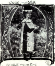 Peire Vidal (su nombre est escrito en la parte superior), tal como es representado en un 13 del siglo chansonnier.