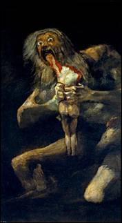 Saturno devorando a un hijo, una de las Pinturas Negras de Goya, realizada durante el Trienio Liberal (18201823), y que, so capa mitolgica, alude a la famosa frase de Vergniaud poco antes de ser guillotinado: La Revolucin devora a sus propios hijos.