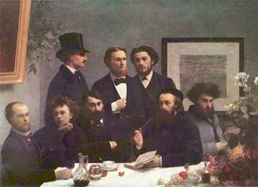 Los simbolistas.En una reunin del grupo Verlaine y Rimbaud sentados. El primero a la izquierda es Verlaine, el segundo es Rimbaud.